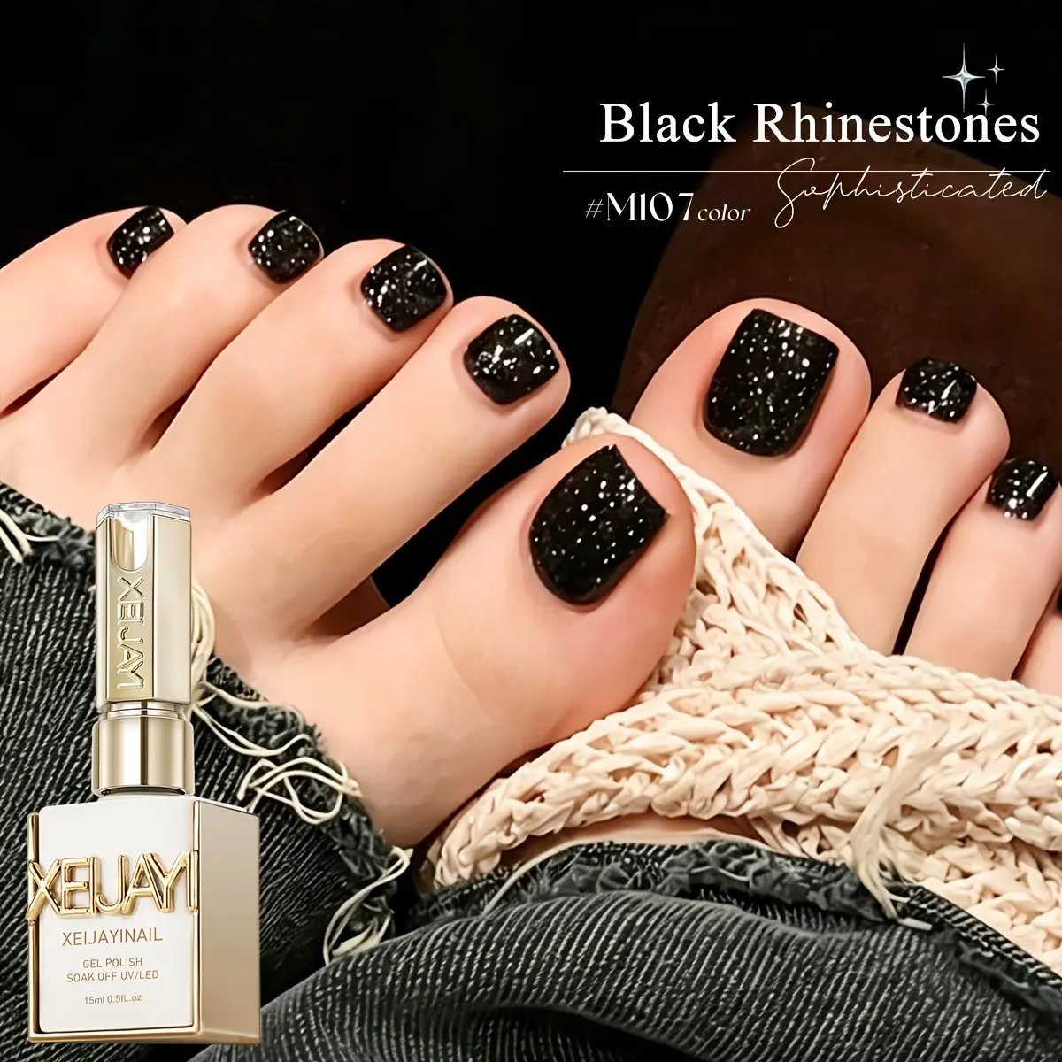 1pc Black Square Frame Sparkling Glitter Rhinestone Gel Polish, UV-LED Cure Soak-Off Nail Supply for Home Salon Manicure, Pedicure Fingernails Toenails