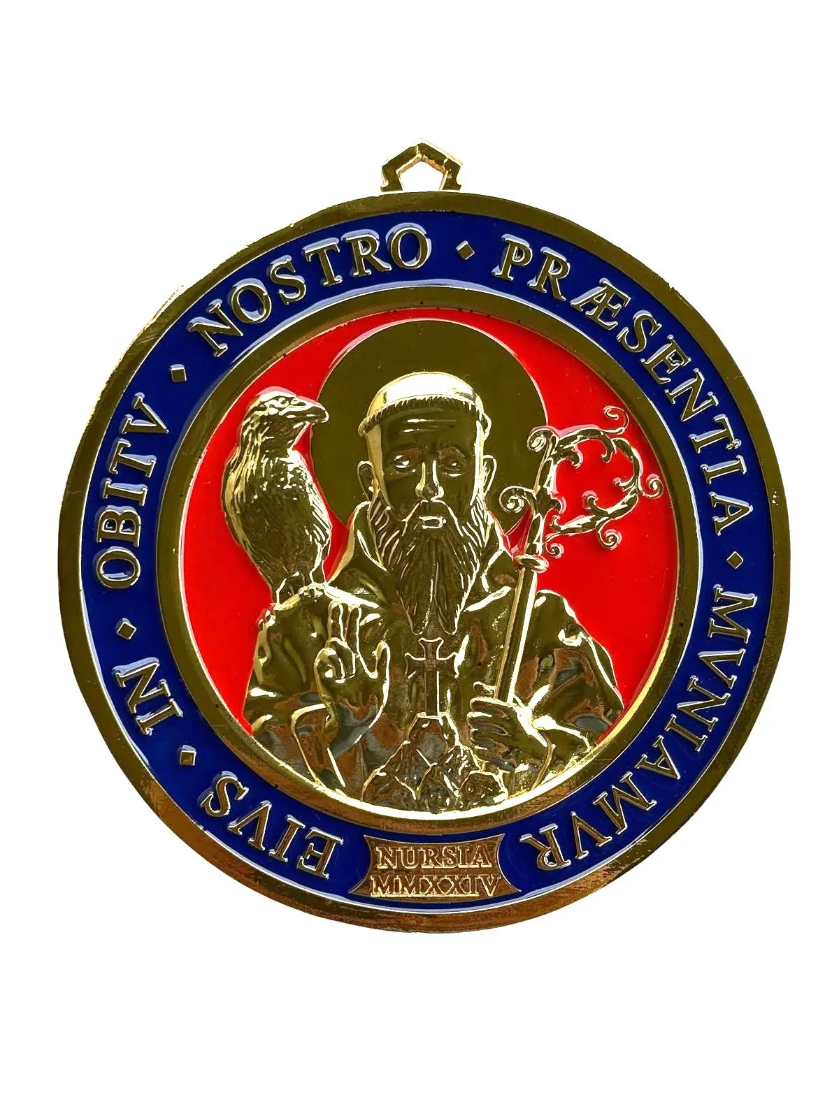 Gold‑Tone Metal Saint Benedict Medallion with Blue and Red Accents – 6 Inches – 1.16 lbs Abbazia di San Benedetto in Monte, Norcia