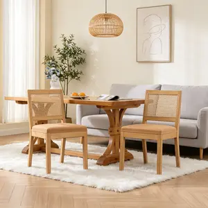 Rattan Dining Chairs Set of 2, Farmhouse Kitchen Chairs with Cane Backrest, Mid Century Modern Side Chairs Featuring Natural Hardwood Frame, Soft Sponge and S-Spring Cushion, Tan Accent Chairs for Home Kitchen and Dining Room