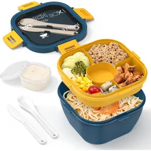 Bento Box, Stackable Salad Lunch Container, 60oz, Versatile 4-Compartment Bento Tray, Reusable Spoon & Fork, Dishwasher Safe, for Adults and Kids(Blue)