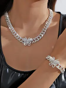 Rhinestone Butterfly Decor Pendant Necklace & Matching Bracelet, Jewelry Set, Elegant Jewelry Set, Luxury Jewelry for Party, Daily Clothing Decor, Trendy All-match & Exquisite 90s Vintge Jewelry for Birthday Gift
