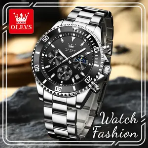OLEVS 2870 Men’s Diver-Style Chronograph Watch, Stainless Steel Band with Black Dial, Waterproof Quartz Movement with 24-Hour Indicator, Luminous Dial & Date Function, Sporty Fashion Watch