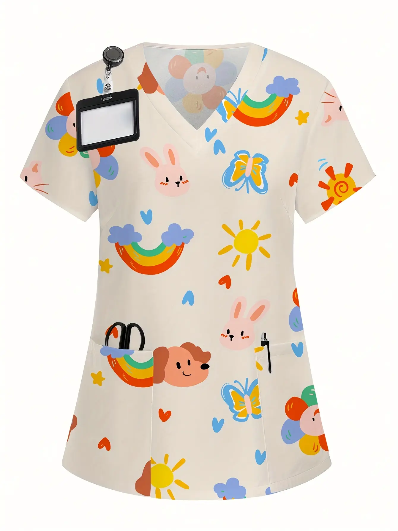 Cartoon Print Short-Sleeve Uniform Matte Top, Women's Fashion V-Neck Short-Sleeve Top, Cartoon Pattern Print - Comfortable Uniform with Pockets, Polyester and Spandex
