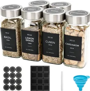 6 Pcs Glass Spice Jars with Lids, 4oz spice jars with label, seasoning containers Set, Comes with spice bottle caps, Silicone Collapsible Funnel,chalk, for Spice Rack, Cabinet, Drawer