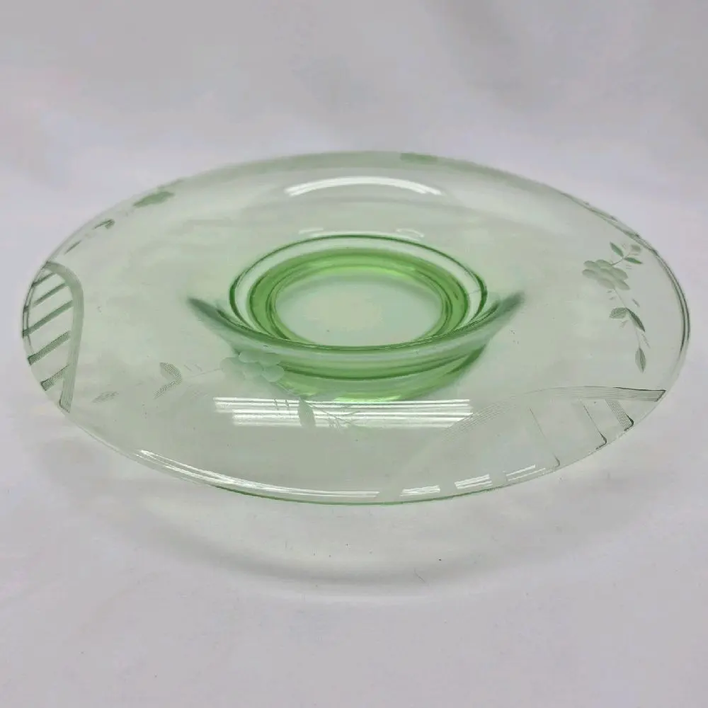 Vintage Green Uranium Depression Glass Saucer / Small Plate – UV Reactive Glow – Floral & Panel Etch