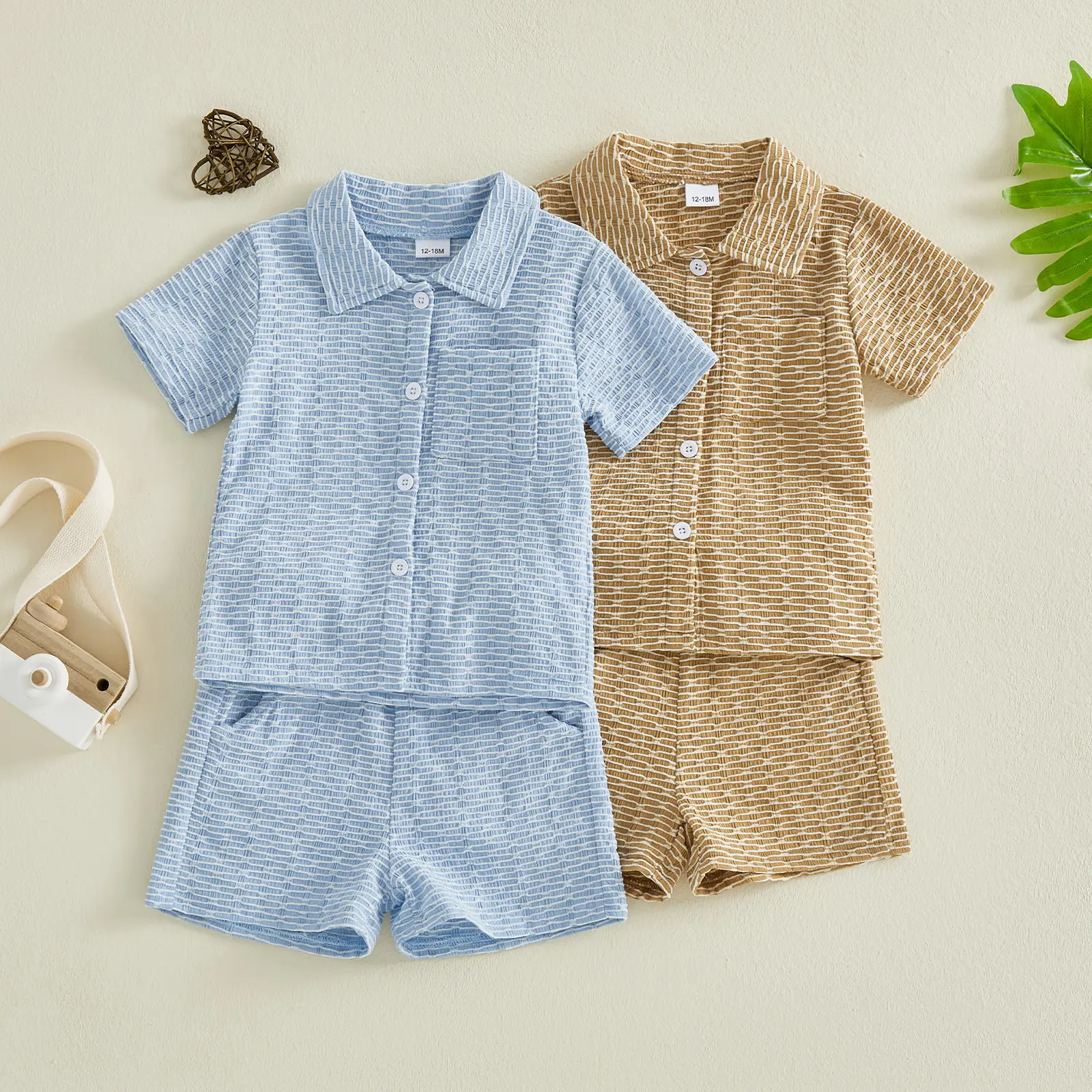 Toddler Baby Little Boy Shorts Set Textured Short Sleeve Button-up Collar Shirts and Shorts Summer Outfit 6M-4Y