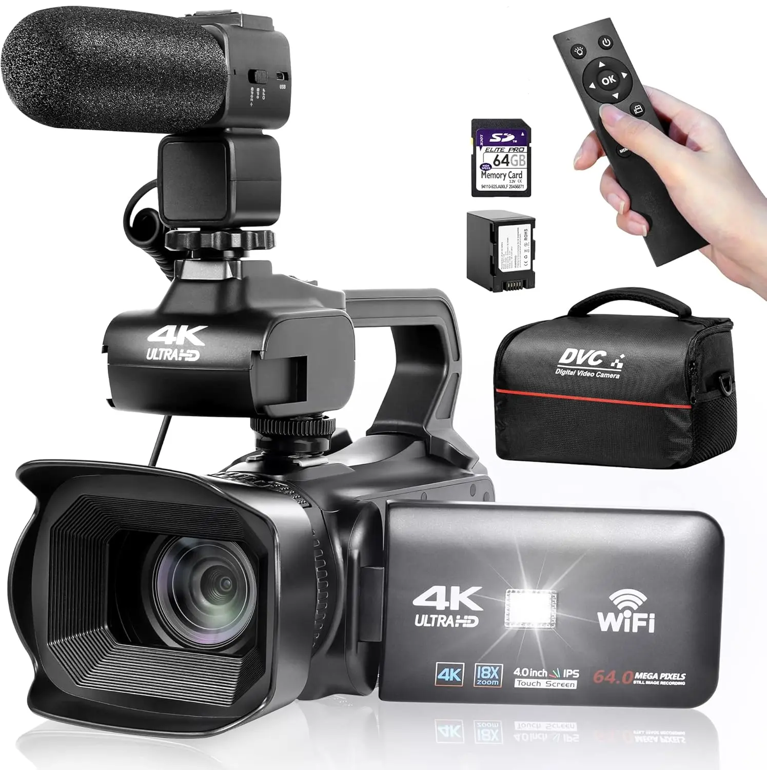 UHD 4k Video Camera Camcorder with 18X Digital Zoom,64MP Digital Camera Recorder,4.0-inch Rotating Touchscreen,64GB SD Card,Microphone,Remote Control,Durable Battery(Black)