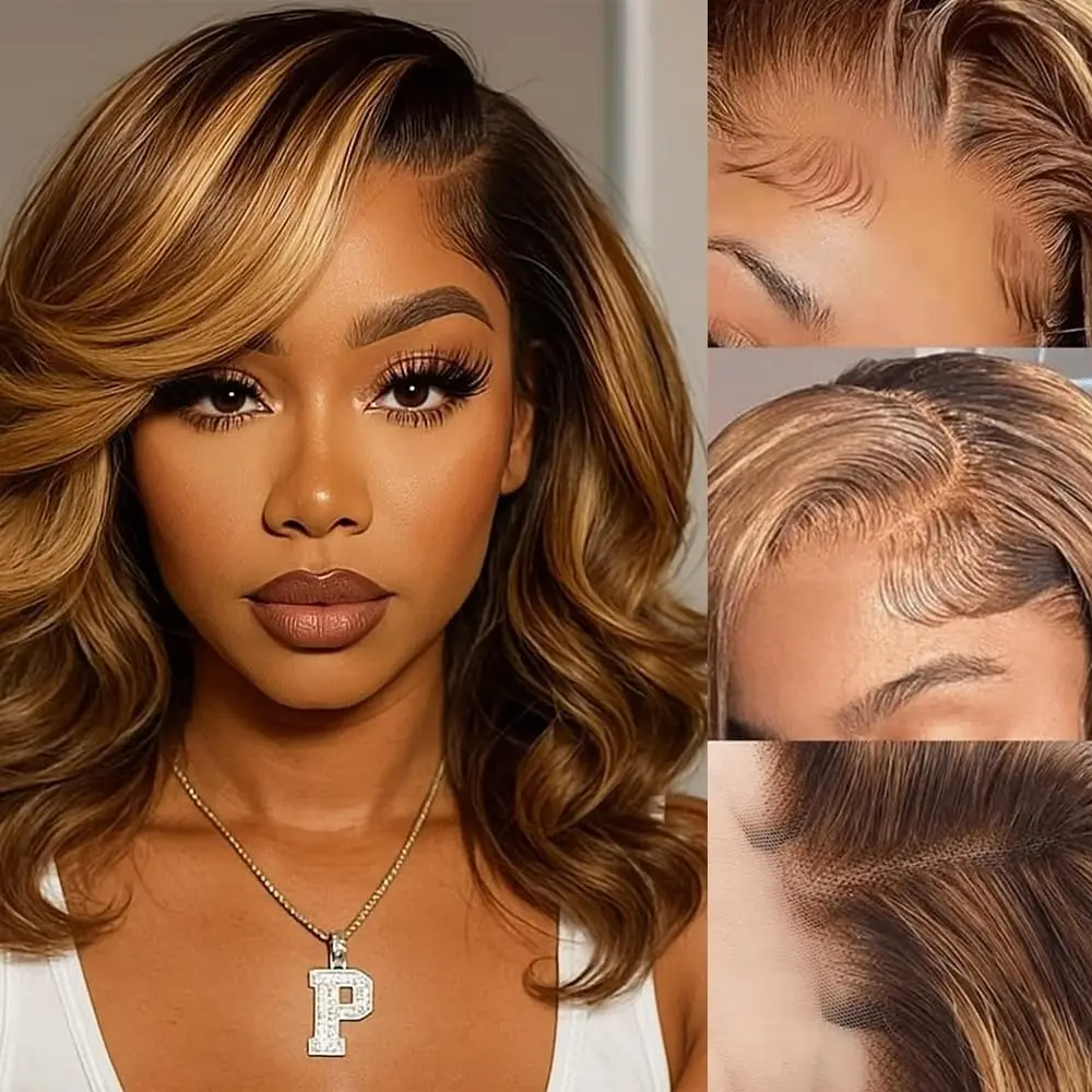Highlight Blonde Wear and Go Glueless Loose Body Bob Wig Human Hair Pre Plucked, 4/27 Water Wave No Glue wigs,Pre cut HD Lace Front Wigs Human Hair for Women 180% Density