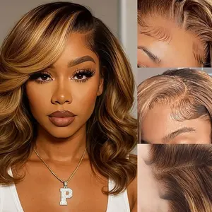 Highlight Blonde 16 Inch Wear and Go Glueless Loose Body Bob Wig Human Hair Pre Plucked, 4/27 Water Wave No Glue wigs,Pre cut HD Lace Front Wigs Human Hair for Women 180% Density summerwins