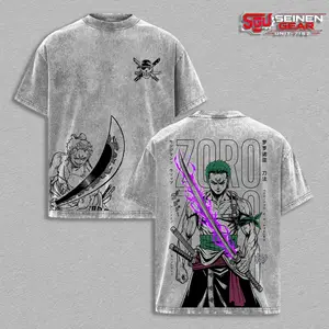 One Piece Zoro Enma Back Print Double Sided Oversized Washed T-Shirt, Men’s Clothing Graphic Tee Heavyweight Cotton Streetwear Summer Outfit