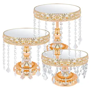3 PCS Round Cake Stand with Crystal Bling Pendants European Style Lace Cake Plate Golden Premium Display Stand for Dessert Showcase Set in Three Sizes for Birthday Parties Wedding Banquet Platform Ornaments