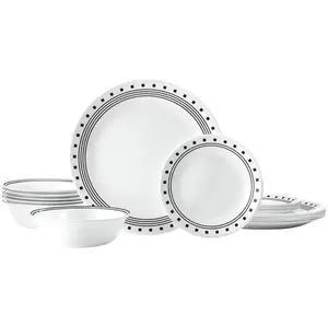 18 Piece Glass Dinnerware Set – Modern Black & White Plates and Bowls Set for 6