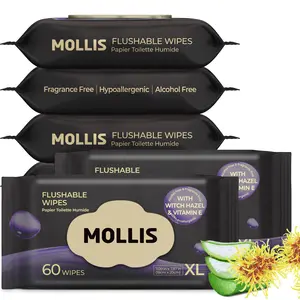 MOLLIS Flushable Wipes with Witch Hazel & Vitamin E, Extra Large Unscented Wet Wipes for Toilet Use, Travel & Home Essential, Portable Pack, 100% Plant-Based, Hypoallergenic, Alcohol-Free, Sewer & Septic Safe