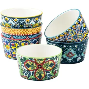 Ramekins Oven Safe for Creme Brulee - Porcelain Pudding Custard Cups 6 oz - Small Serving Bowls for Souffle, Dipping Sauce, Ice Cream, Baking Set of 6 - Bohemian Style