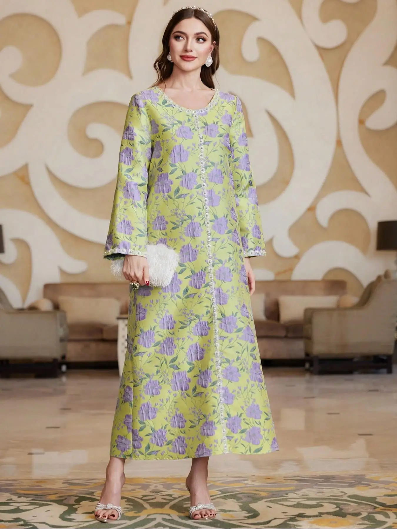 Women's Floral Patchwork Print Long Sleeve Dress, Modest Casual Arabic Clothing for Daily Wear, Ladies Islamic Clothing for All Seasons