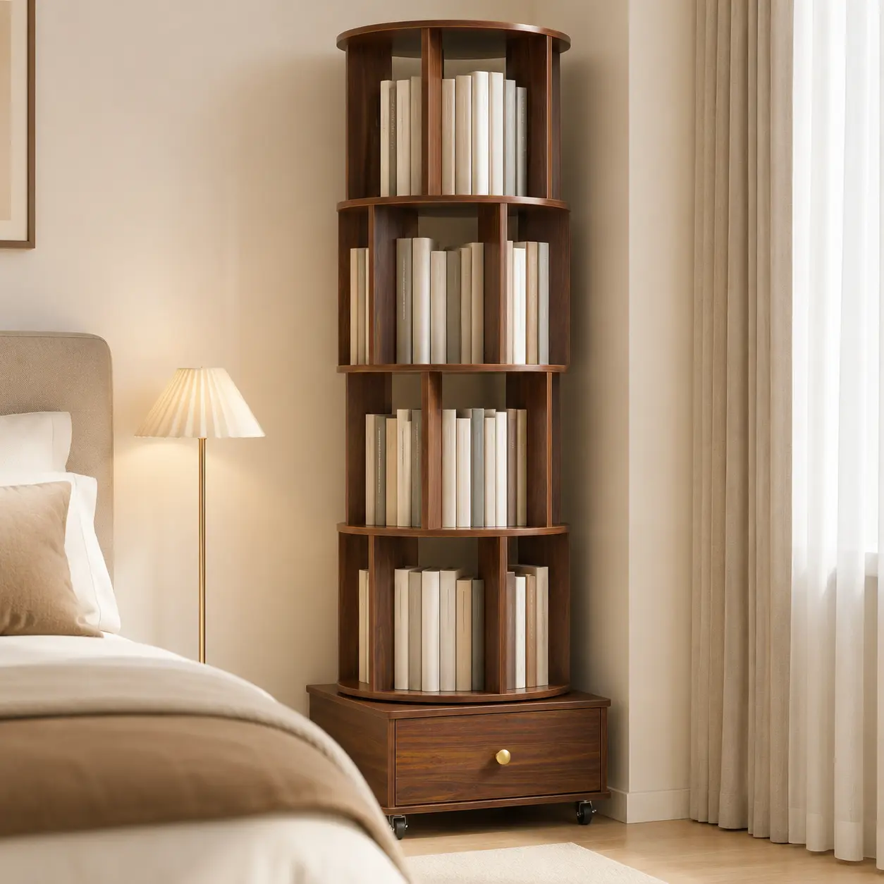 360° Rotating Bookshelf Tower with Storage Drawer and Lockable Wheels, 2–4 Tier Freestanding Wooden Spinning Bookcase, Space-Saving Vertical Book Storage Organizer for Bedroom, Living Room, Small Apartment, Home Office, Study and Reading Nook