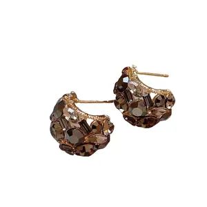 HENSY Vintage Dome Cluster Earrings – Multi-Tone Smoky & Champagne CZ – Gold Tone Base – Floral Pavé Setting – Statement Romantic Earrings
