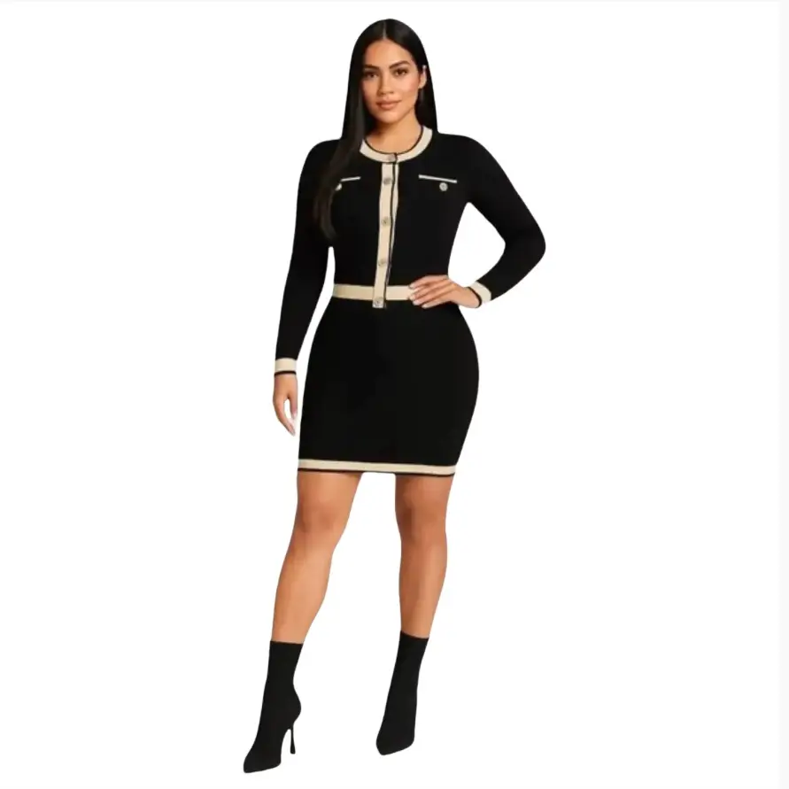 Elegant Cardigan Sweater & Skirt Set - Stylish Black & Beige Combo with Long Sleeves & Belted Waist for Women - Perfect for Casual Outings Office Wear & Evening Events