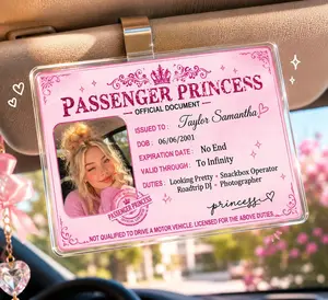 Custom Passenger Princess License Plate Car Visor Clip Funny Auto Accessory For Girlfriend Women Coquette Preppy Aesthetic Pink Acrylic Novelty Personalized Card Birthday Gift For Her Cute Interior Decor Roadtrip Essential