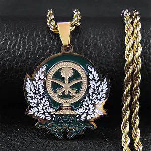 Exquisite Badge Flag National Emblem Pendant Necklace Men'S Stainless Steel Emblem of Saudi Arabia Symbol Pendant Necklaces Jewelry