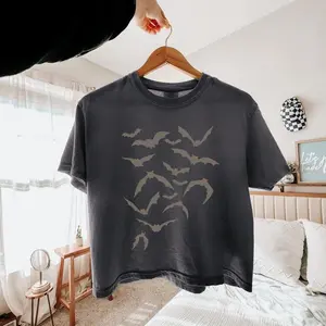 Bats Boxy Top – Halloween Aesthetic, Flying Bats Graphic, Fall Style