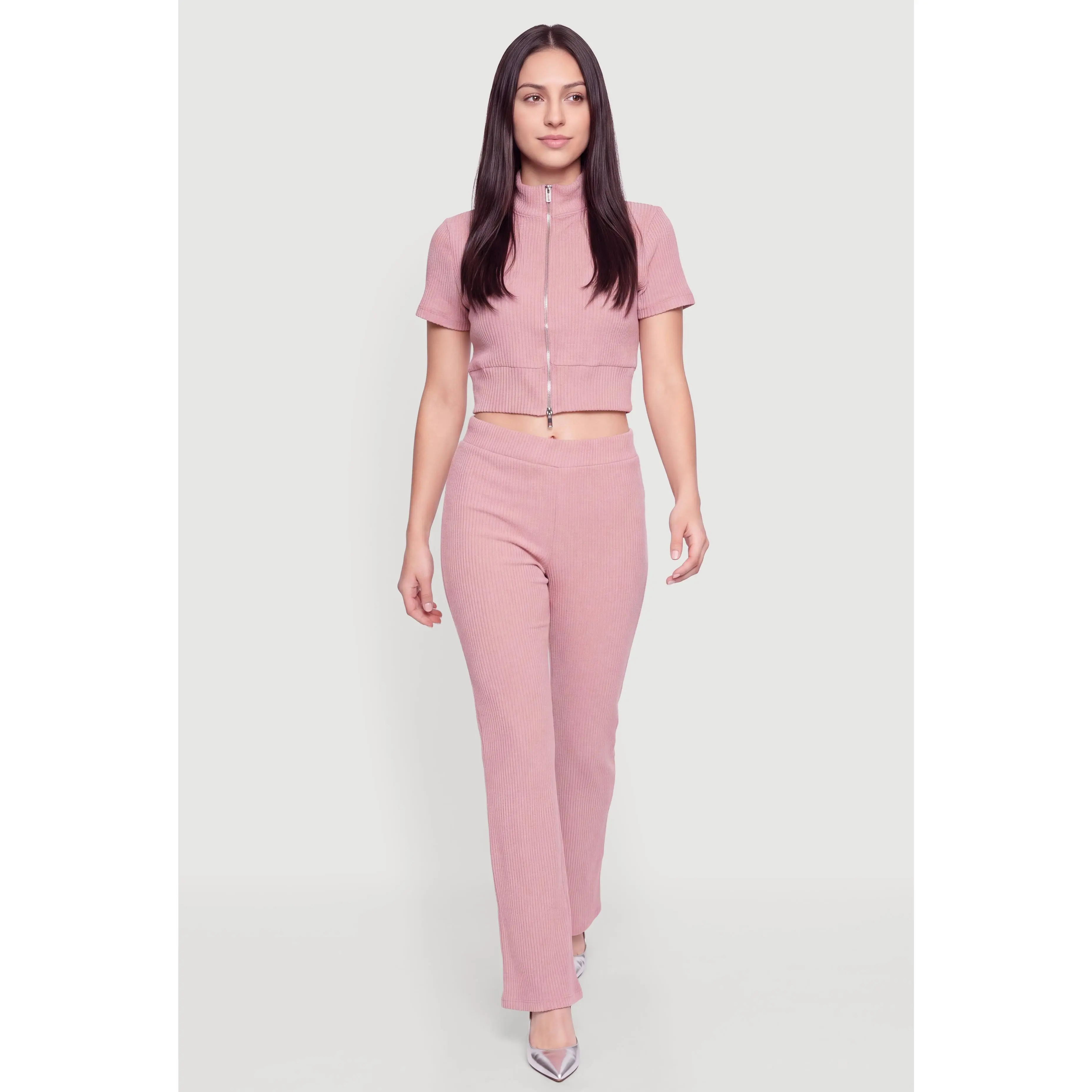 Brushed Ribbed Knit Flare Pants