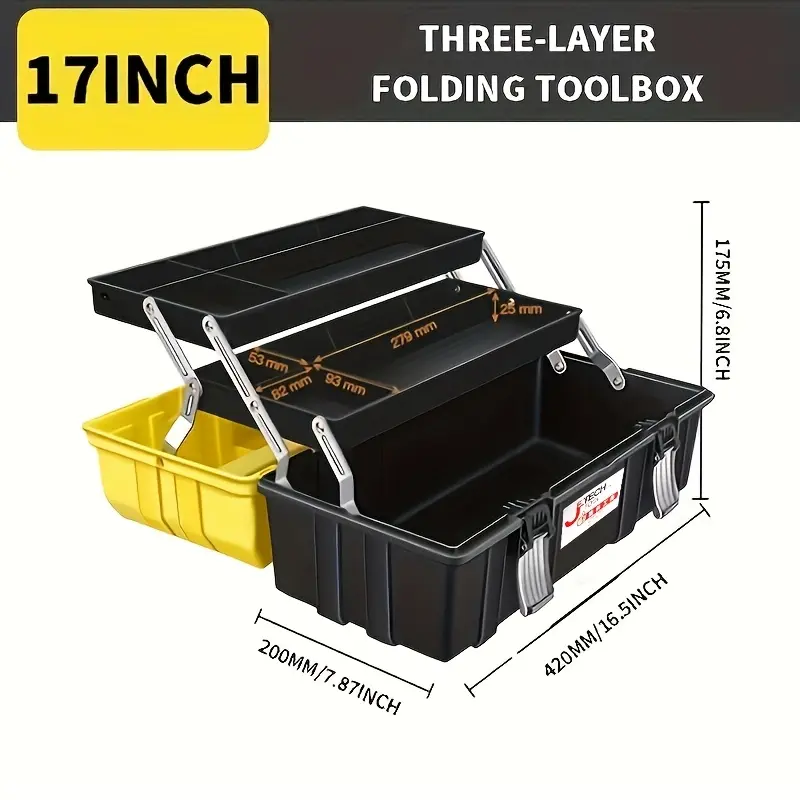 OUDISI Workbench Toolbox - 17in 3-Layer/21in Multi-Size Folding Tool Kit, Durable Waterproof Plastic Construction, Adjustable Tray Compartments, Portable Home Repair Organizer, Trays