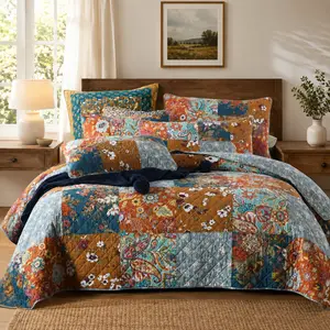 Cotton Bedspread Quilt Sets Reversible Bedding Coverlet Sets 3 Pieces Paisley Vintage Floral Yellow Blue Patchwork Bedspread, Queen Size