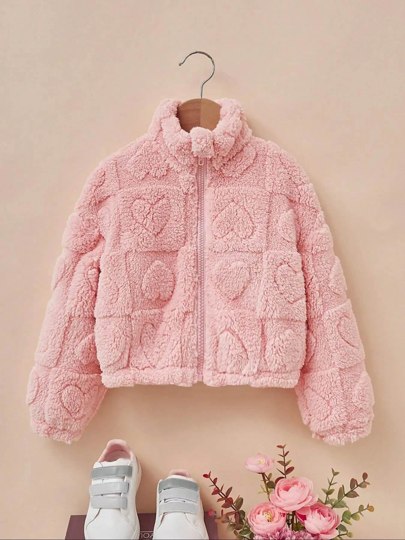 Girl's Heart Pattern Zip Up Plush Jacket, Casual Long Sleeve Drop Shoulder Thermal Lined Outerwear for Fall & Winter, Kids Clothes for Daily Wear