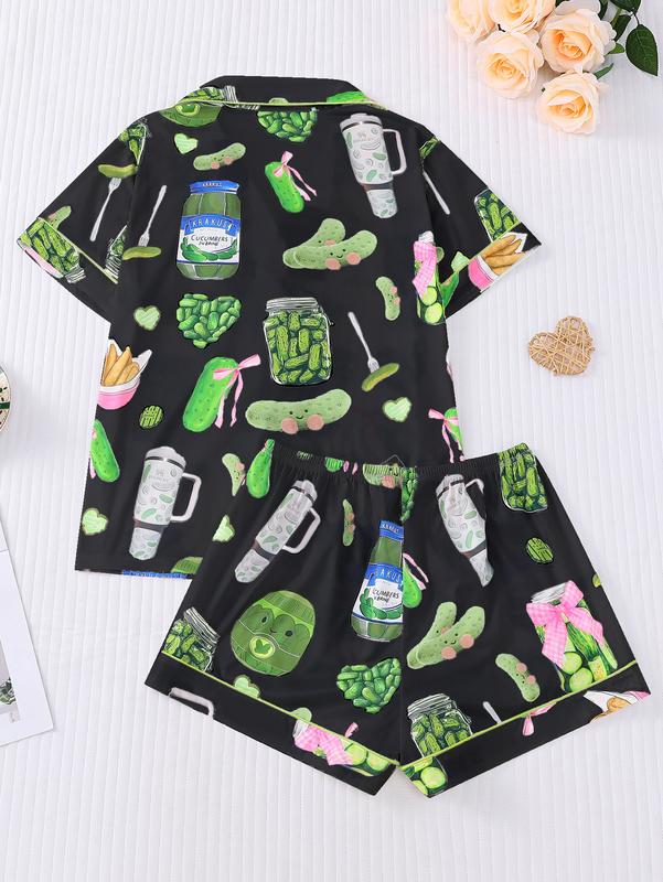 Elegant women's sleepwear set with knitted fabric short sleeved button top and shorts, pickled cucumber print home clothes, casual one-piece cartoon pattern sleepwear combination, lemon design essential short sleeved fashionable women's pocket style