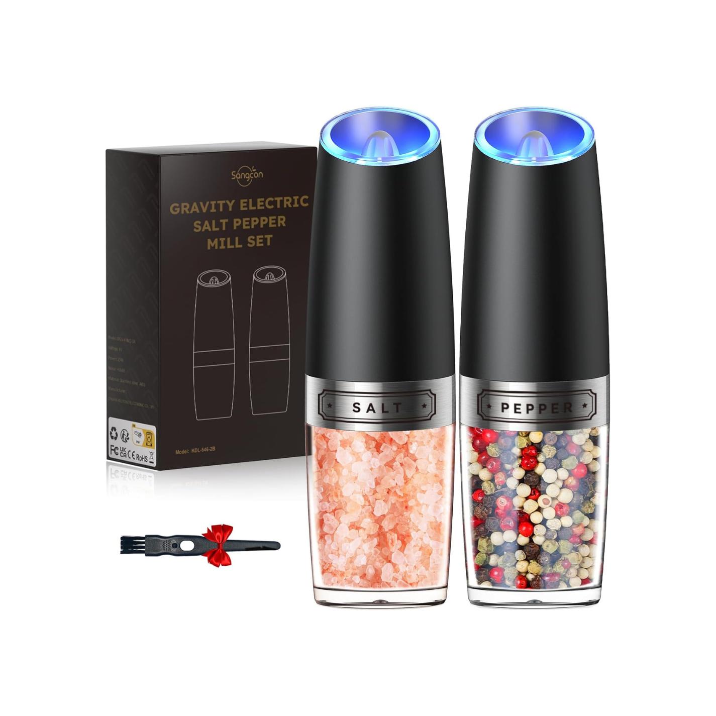 Gravity Electric Salt and Pepper Grinder Set Automatic Shakers Mill Grinder with LED Light, BATTERY POWERED Adjustable Coarseness One Hand Operation, Upgraded Larger Capacity