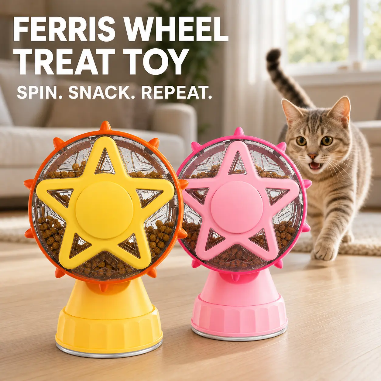 SmartWell Ferris Wheel Cat Treat Dispenser 2 In 1 Interactive Puzzle Feeder With Adjustable Treat Opening Smooth Spinning Wheel Removable Teaser Wand Locking Suction Base For Indoor Cats Kittens And Multi Cat Homes