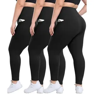 3 Pack Plus Size Leggings with Pockets for Women High Waisted Tummy Control Spandex Soft Black Workout Yoga Pants