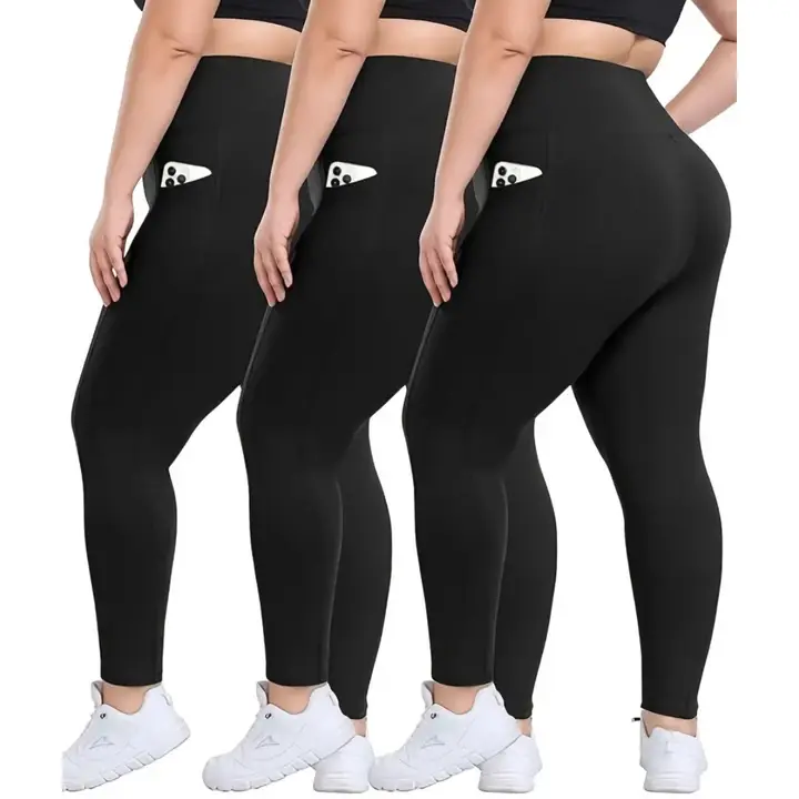 3 Pack Plus Size Leggings for Women, Buttery-Soft High Waisted Compression Yoga Pants with Pockets & Tummy Control, High Elastic Gym Activewear, Athleisure Gym Clothes, Body Sculpt Leggings