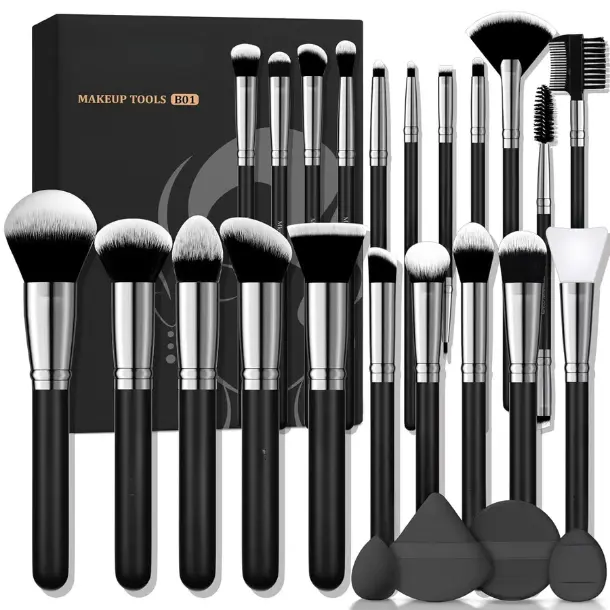 25 Pcs Makeup Brushes Set, Professional Makeup Kit, Include Foundation Powder Blush Concealers Eye shadows 21 Pcs Makeup Brushes and 2 Powder Puff, 2 Makeup Sponge(B01-Black)