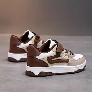 Boys' Stylish Low-Top Sneakers - Lightweight, Breathable Faux Cover with Striped Design, Hook-and-loop Fastener Strap, Perfect Casual Running & - Brown & White, Running Shoes