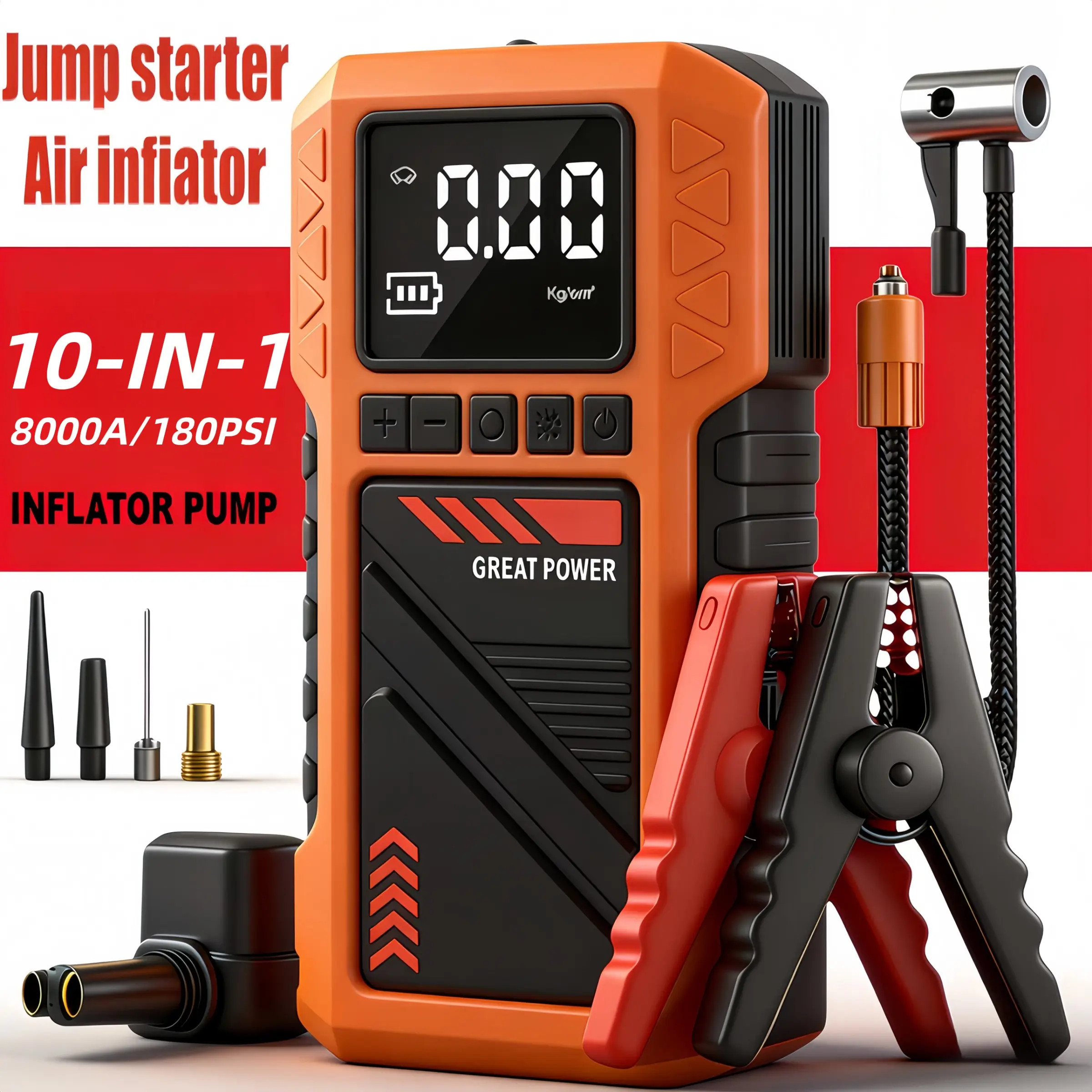 Multifunctional car emergency starter, 2-in-1 car repair kit (180 psi air compressor and 8000A car starting power supply), 12V/24V battery booster, equipped with intelligent crocodile clips and inflation accessories, car emergency rescue tool