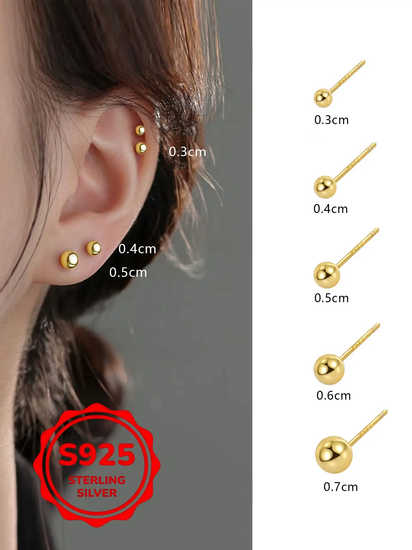 S925 Pure Silver Round Bead Earrings, Stud Earring Jewelry, Handmade Polished Silver Beans, Simple Small Mini Retro Style, Perfect Gift for Friends and Mother