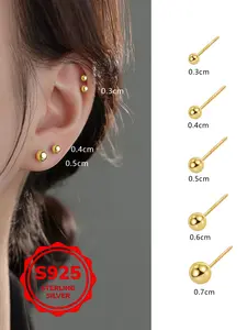 S925 Pure Silver Round Bead Earrings, Stud Earring Jewelry, Handmade Polished Silver Beans, Simple Small Mini Retro Style, Perfect Gift for Friends and Mother