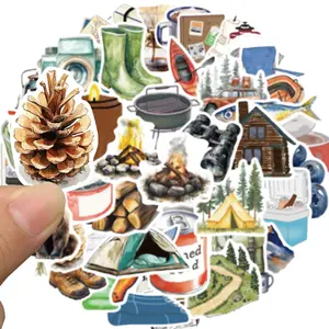 Outdoor Hiking Adventure Camping Water Bottle Stickers, 50pcs Kids Aesthetic Vinyl Waterproof Decals, Luggage & Motorcycle Nature Decals, Waterproof Material