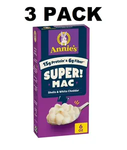 Annie's Super! Macaroni and Cheese Shells & White Cheddar 6 oz 3 Pack with 15g Protein & 6g Fiber Classic Taste for Every Meal