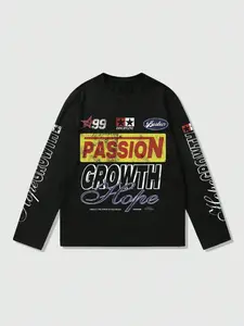 1Pcs Mens Racing Aesthetic Long Sleeve T-Shirt | Vintage Passion Growth Hope Graphic Tee | Oversized Motocore Streetwear Top with Sleeve Print
