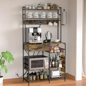 6 Tier Microwave Stand Bakers Rack with Drawer Storage Power Outlet Weather Resistant Rust Resistant Large Metal Kitchen Organizer 12 Hooks & Adjustable Feet