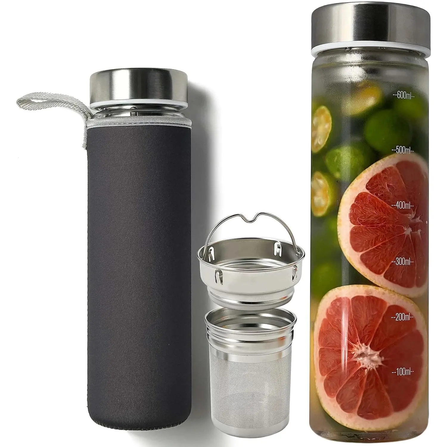 23oz Borosilicate Glass Water Bottles with Stainless Steel Lid - Cold Brew Bottle Tea Infuser Strainer Tumbler