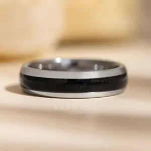 Silver Tungsten Ring, Black Onyx Gemstone Inlay - 6MM