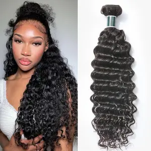 Human Hair Bundle Deep Wave Unprocessed Cambodian  Hair 16 Inch, Flip Over Quick Weave Wet and Wave  for Women  Black