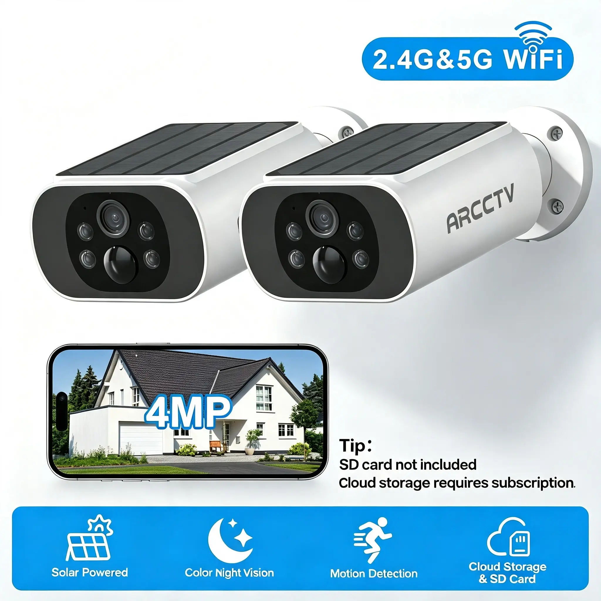 ARCCTV APP 4MP Wireless Solar Camera,2.4G&5G WiFi Security Cameras for home,IP65 Waterproof,2 Way Talk,Smart Siren,Color Night Vision,Motion Detection,Reliable Outdoor Surveillance,2 pack