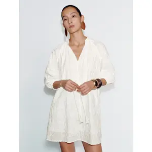 URBAN REVIVO Women's Cotton Long-Sleeve A-Line Midi Flower-Themed Casual Dress - Microfloral Embroidery, Tassel Details, Elegant Fabric, Skirt Design