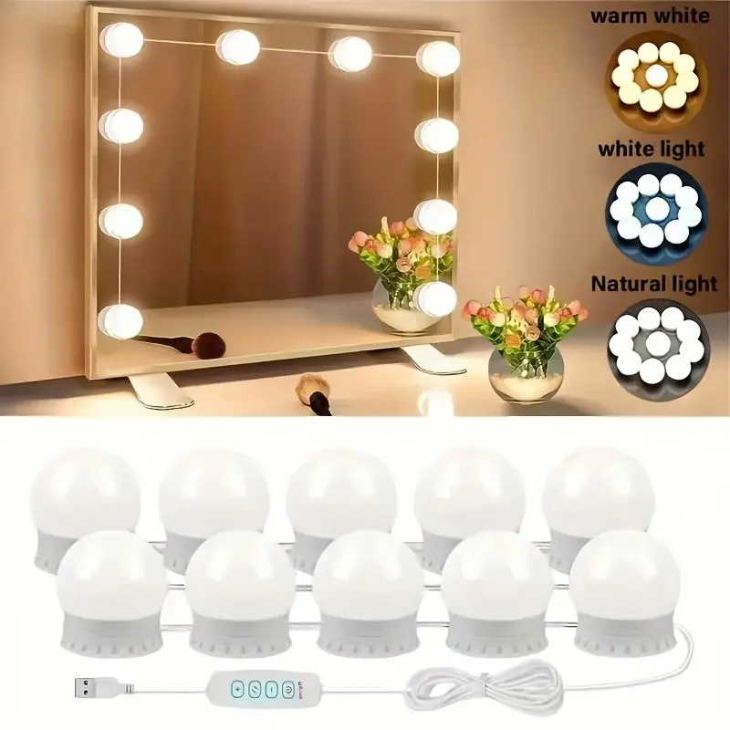 Set of 8 LED Lights Three Color Adjustable Lighting Makeup Mirror Bulb, USB Interface, Temperature and Brightness Adjustable, Customizable, Led Bulbs, Light Dimmable