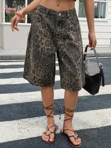 Women's High-Waisted Leopard Print Jeans, Streetwear Cool Personality Design, Fashion Versatile Casual Mid-Length Pants